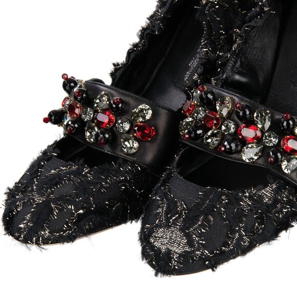 Dolce & Gabbana - Jacquard Crystal Brooch Strap Ballet Flats VALLY Black Red EUR - Picture 4 of 5